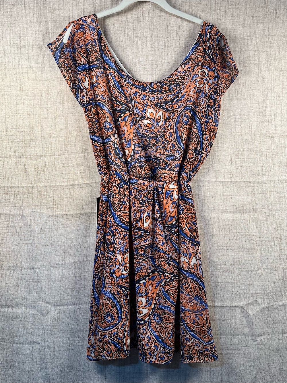Outback Red Limited Dress Flutter Sleeve Round Neck Blue Brown Pattern NWT S
